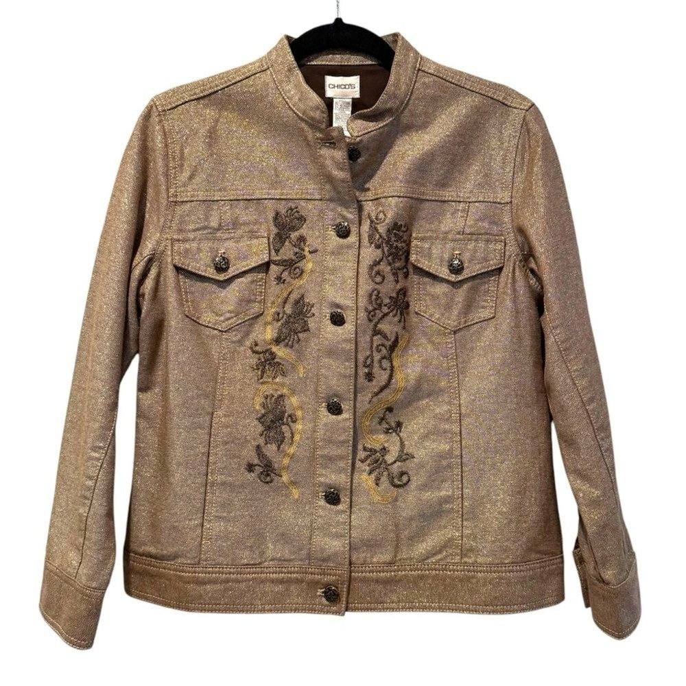 Chico's Jacket Bronze Metallic Floral Embroidered Denim Style Womens Size 1 (8)